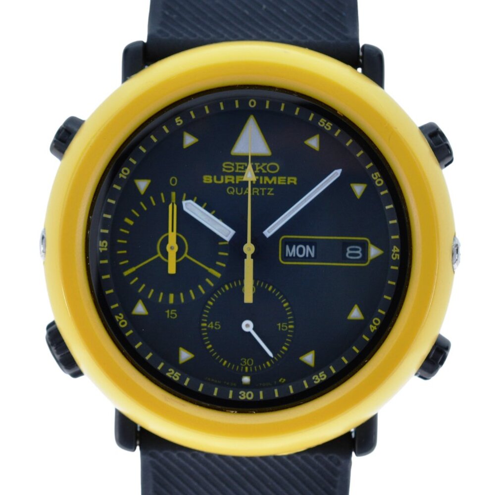 RARE 42mm Men's SEIKO Surf Timer Chronograph Black/ Yellow Watch Ref: 7A36-700A!